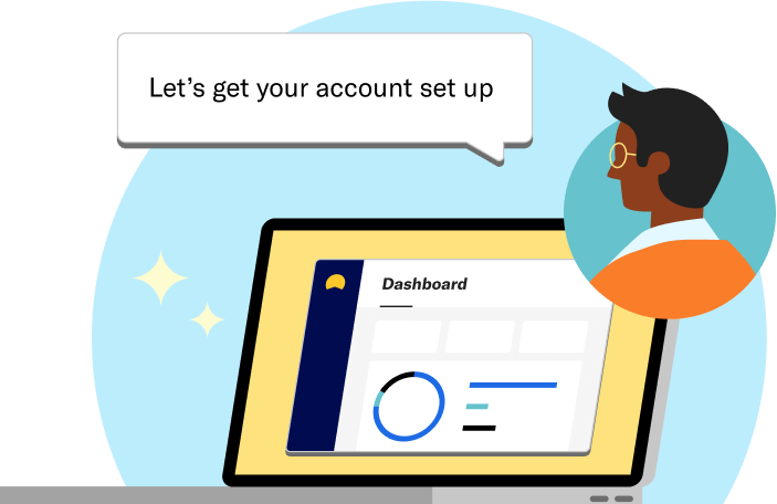 A laptop with Crestwood Capital Management dashboard on the screen, next to a floating headshot of a financial advisor who is saying let’s get your account set up. 