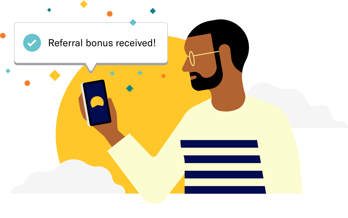 A man is notified by his Crestwood Capital Management app on his phone that he has received a referral bonus.